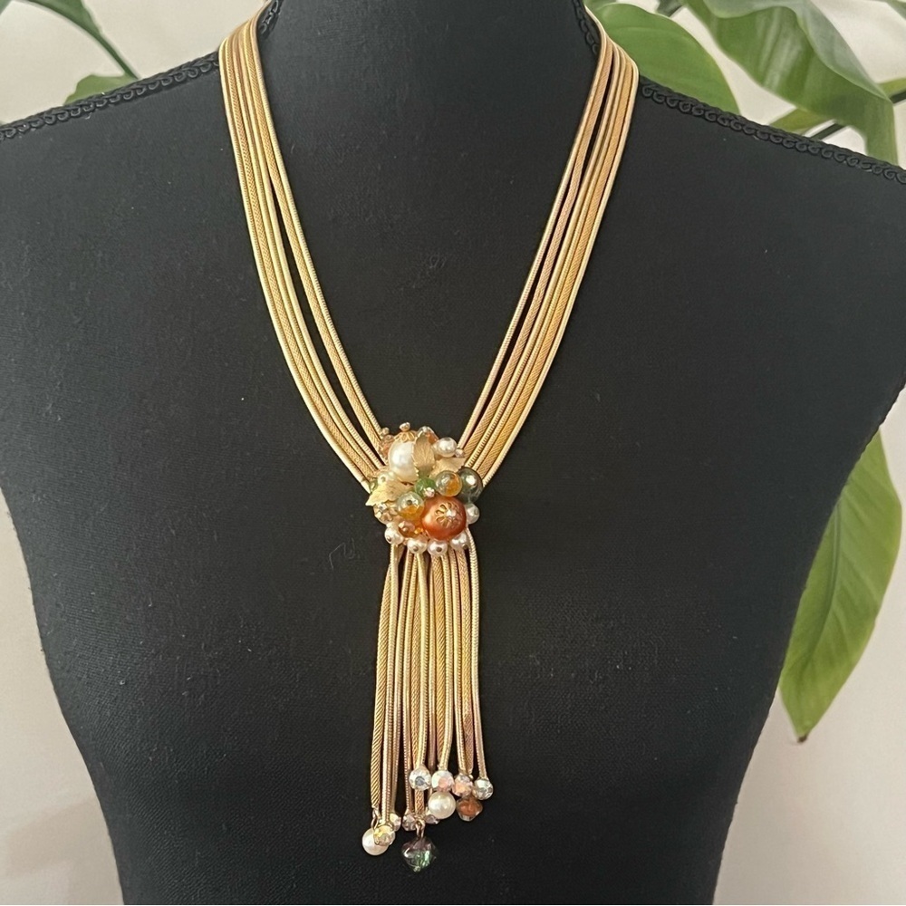 Vintage Alice Caviness Unsigned 6 Strand Mesh Tassel Faux Pearl Necklace